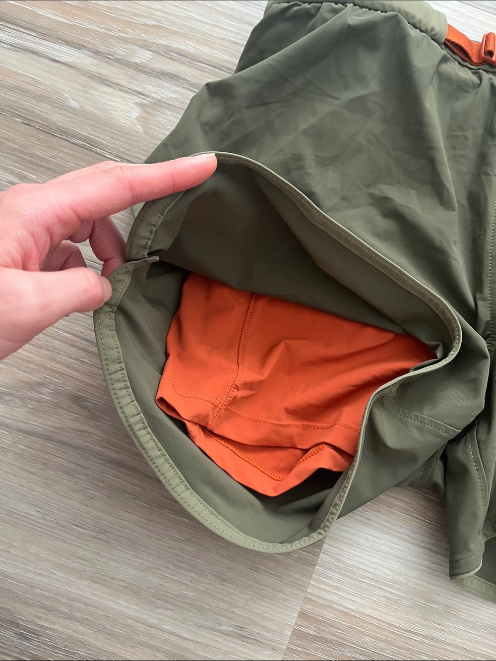 Tracksmith Olive Off Road Shorts with Orange lining and Belt - Picture 3 of 5